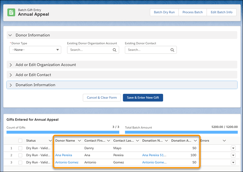Gift Entry page, showing the three donations in the batch list.