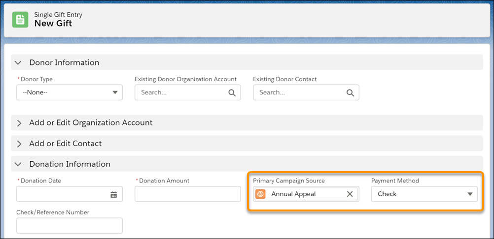 An orange rectangle highlights the Primary Campaign Source and Payment Method fields.