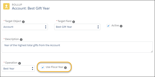 Account Best Gift Year rollup edit screen with Use Fiscal Year checkbox selected.