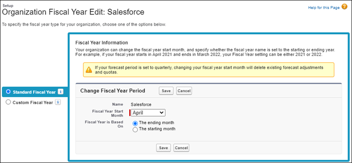 Fiscal Year Information settings.