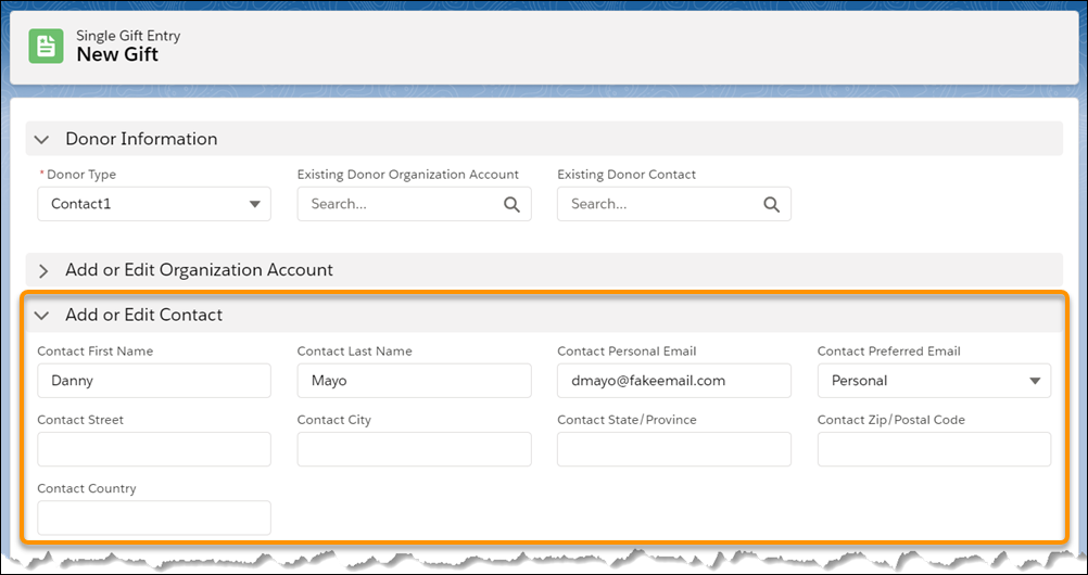 Danny Mayo's name and email address are added in the Add or Edit Contact section.