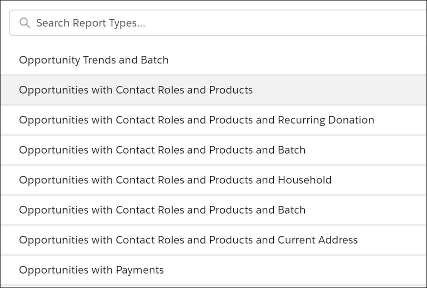 List of Opportunity Report Types