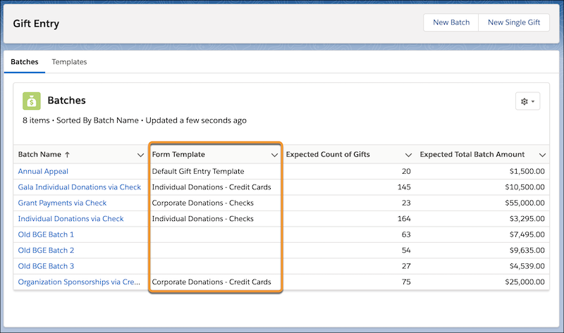 Batches tab in Gift Entry showing the Form Template column highlighted across multiple batches, some created with the old Batch Gift Entry tool and some with Gift Entry.