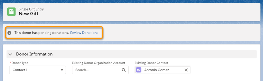 Pending donation message includes a link to review donations.