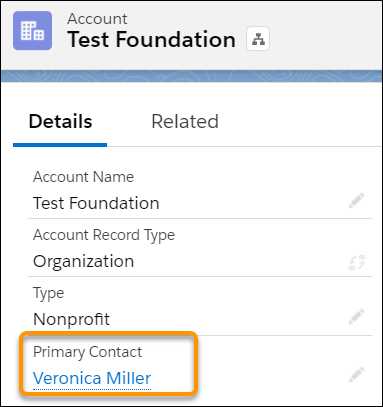 Test Foundation account record screen, showing Primary Contact of Veronica Miller..