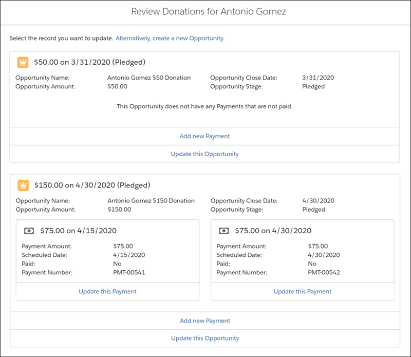 Review Donations pane