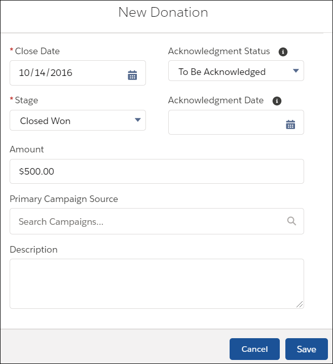 New Donation modal