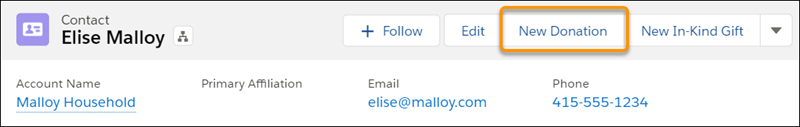 Contact record with the New Donation button highlighted