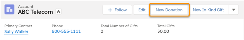 Account record with the New Donation button highlighted