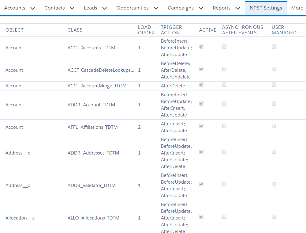 Trigger configuration page in NPSP Settings