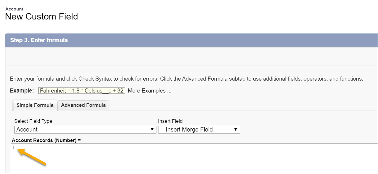 Formula editor with the number 1 entered.