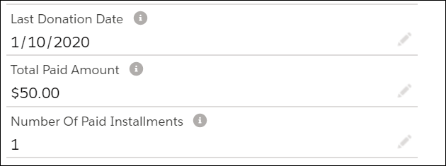 The Total Paid Amount and Number of Paid Installments fields on the Recurring Donation record