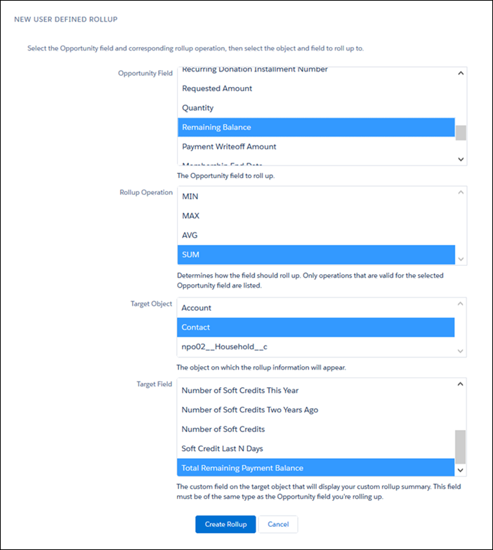 Creating a new User Defined Rollup for Total Remaining Payment Balance