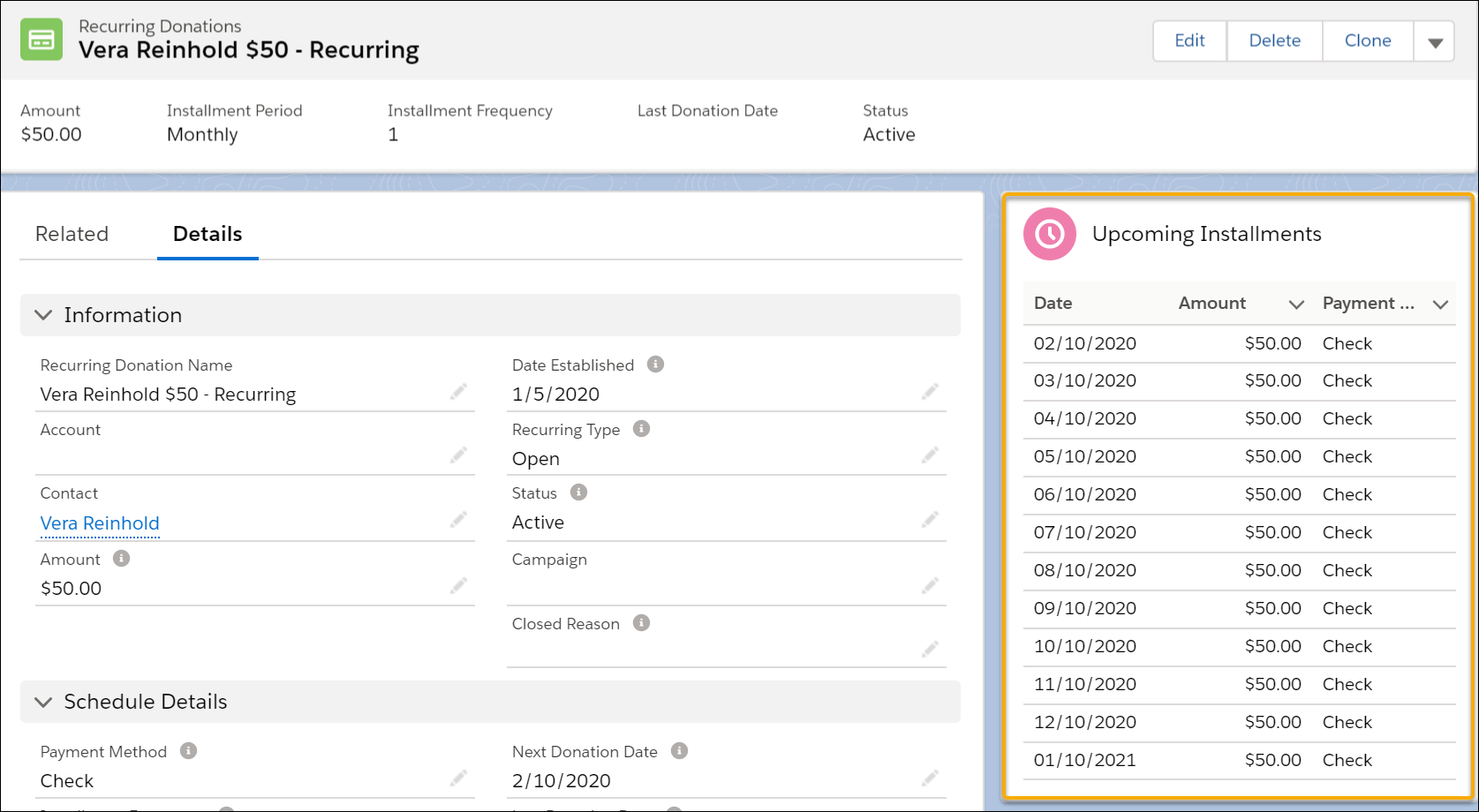 The Upcoming Installment component on Vera's Recurring Donation record showing 12 future monthly installments