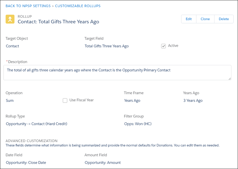 Customizable Rollup definition for Total Gifts 3 Years Ago rollup