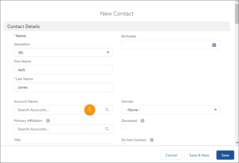 New Contact dialog, with Account Name field left blank