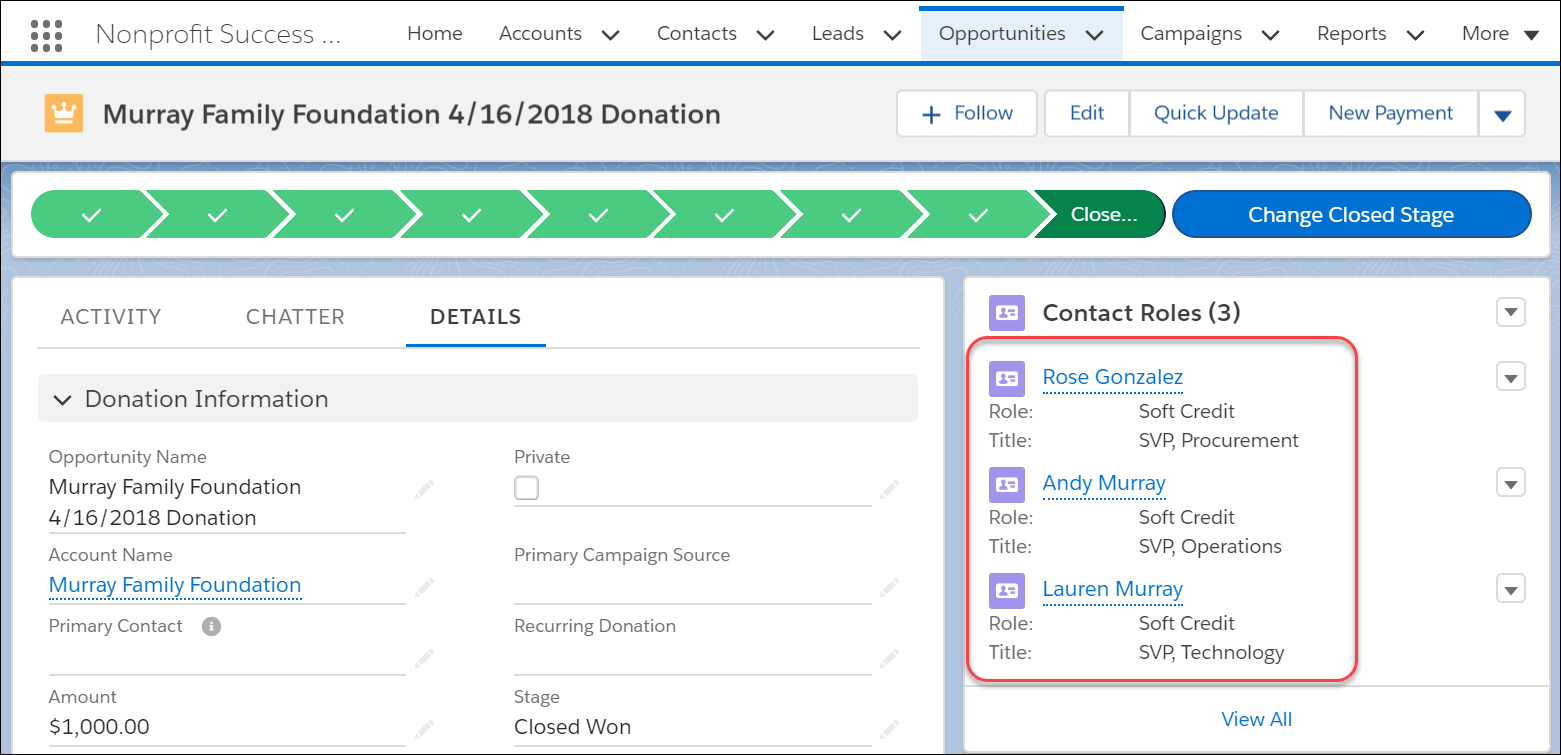 Opportunity detail page with soft credit roles highlighted