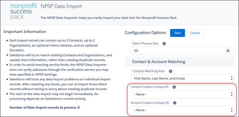 Contact Custom Unique ID and Account Custom Unique ID fields highlighted in the Data Import Configuration options