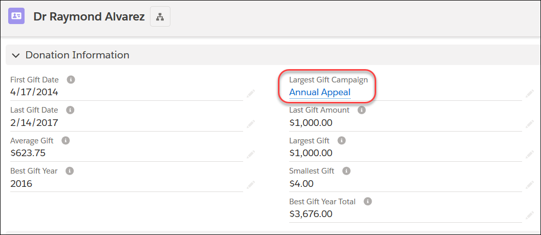 The Contact record showing the Largest Gift Campaign field populated with a link to the Campaign record.