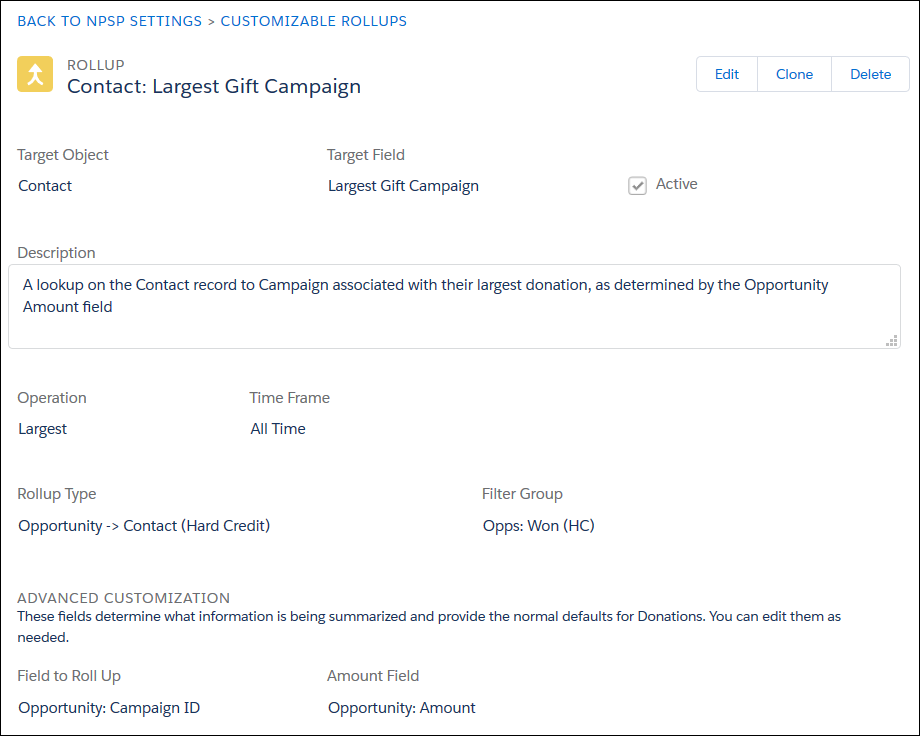 A new rollup for Largest Gift Campaign on the Contact object.