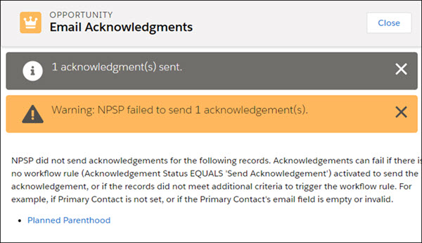 Email Acknowledgments Results screen showing 1 sent email and one failed email