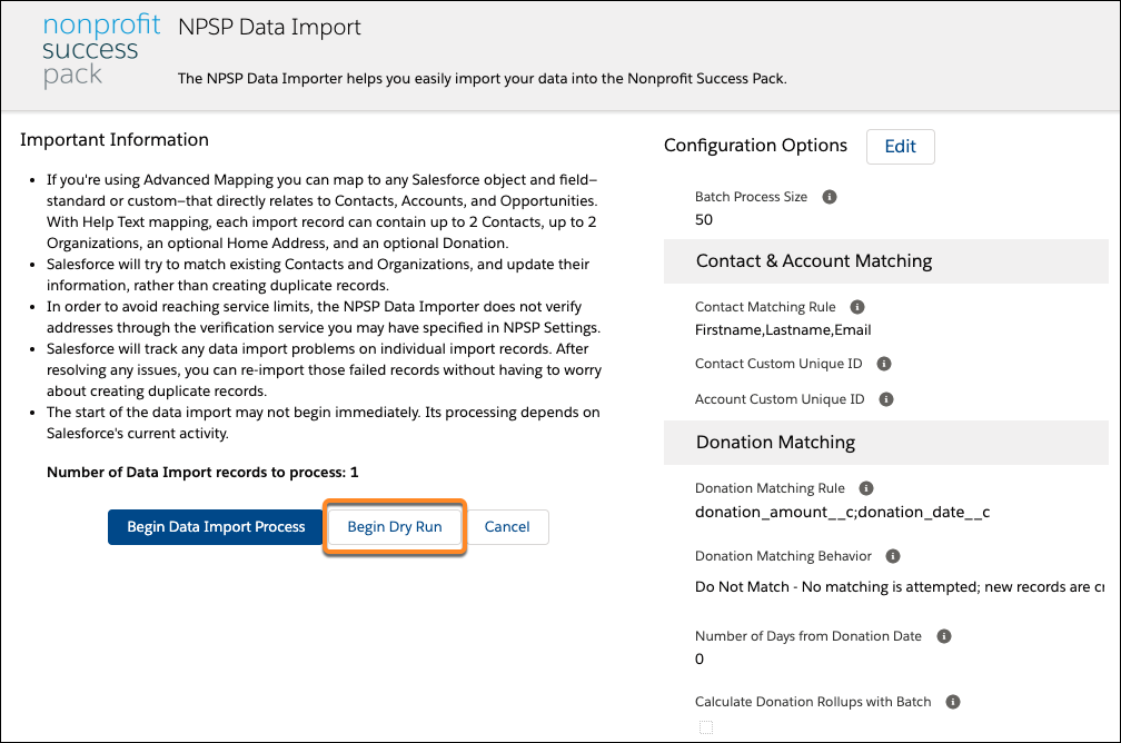 Begin Dry Run button on the NPSP Data Import page