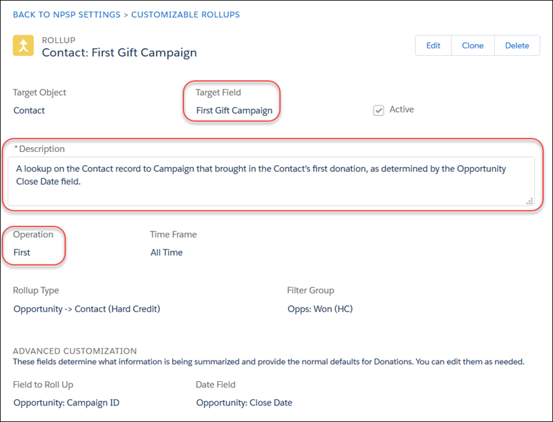 Customizable Rollup definition for First Gift Campaign rollup