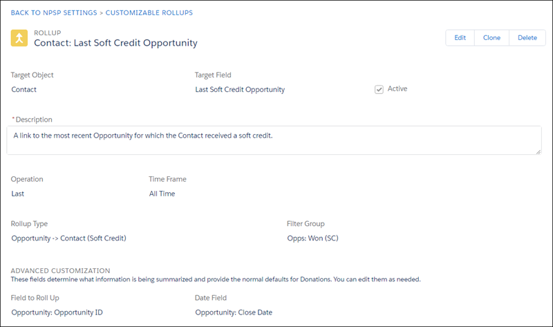 Last Soft Credit Opportunity Customizable Rollup Definition