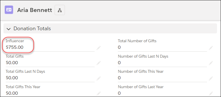 Contact record with the Influencer rollup field highlighted