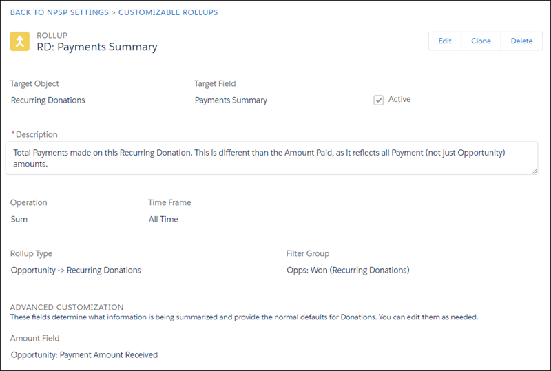 Payment Summary Customizable Rollup Definition
