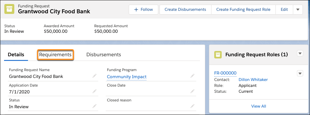 Select Requirements on the Funding Request record.