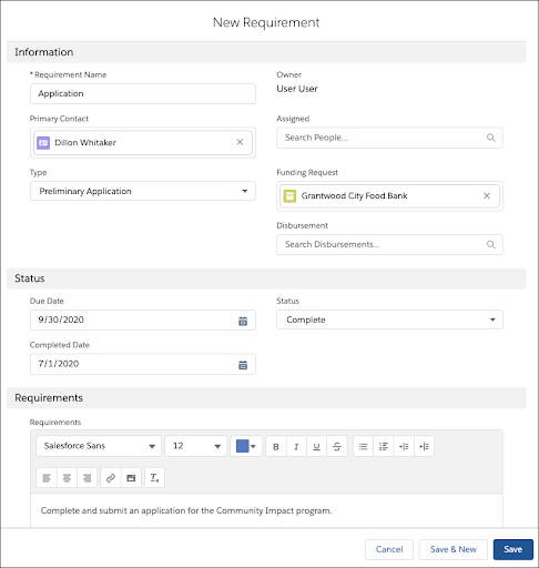Complete fields on the Requirement record.