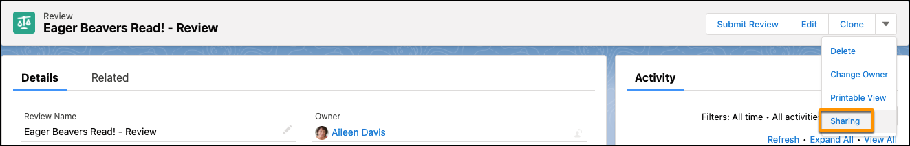 Click Sharing to share a Review record with another user.