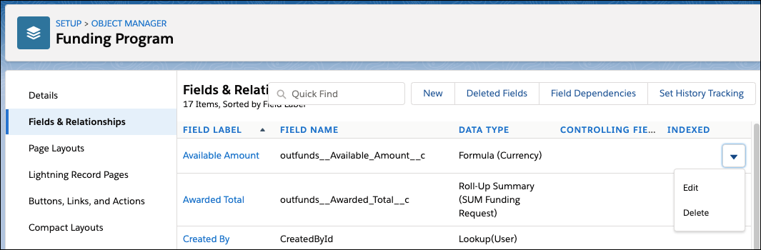 Delete the specified fields from the Funding Program object.