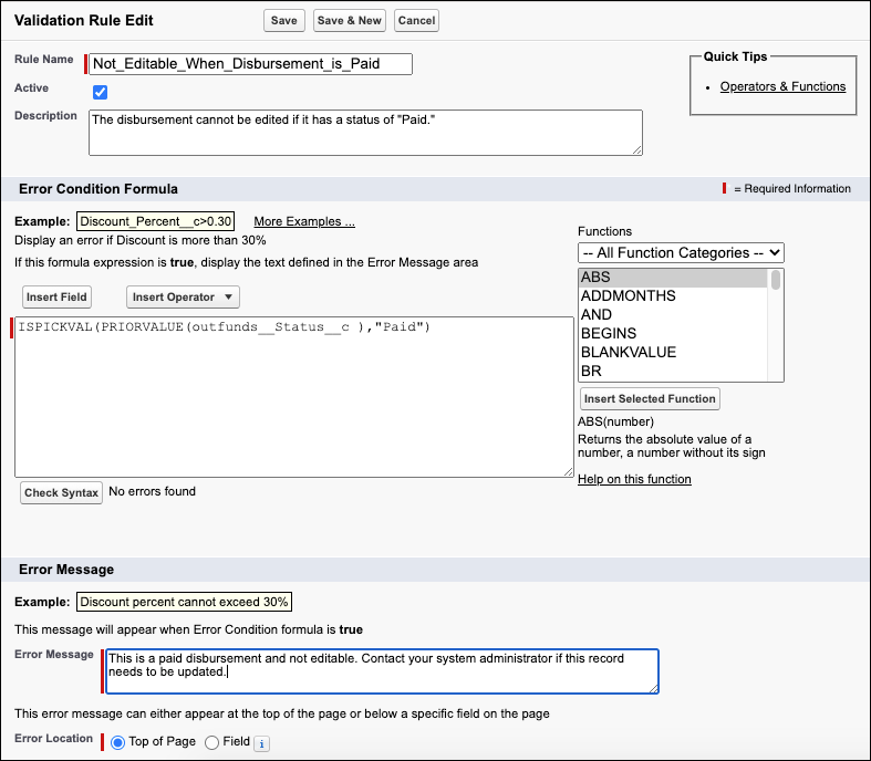 Example of a validation rule.