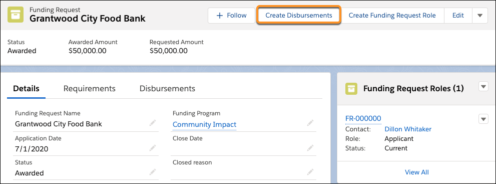 Create Disbursement on the Funding Request