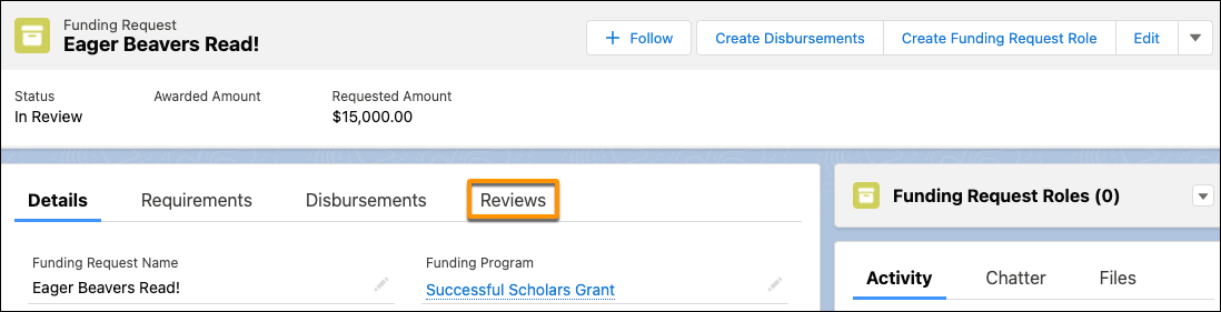 Click the Reviews tab on a Funding Request to create or edit a Review