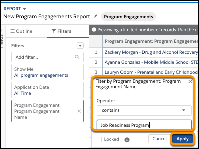 Filter by Program Engagement: Program Engagement Name with Operator set to contains Job Readiness Program