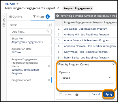 Filter by Program Cohort with Operator value equals blank