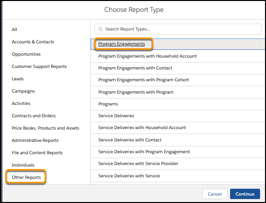 Choose Report Type showing Program Engagements selected