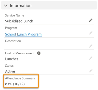 Shows the Attendance Summary field in the Information section on a Service detail page