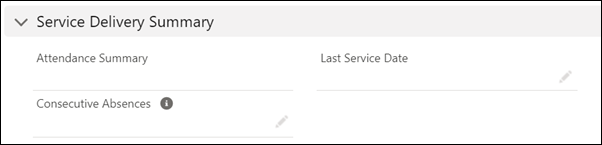 The Service Delivery Summary section on a Contact, with the Attendance Summary, Consecutive Absences, and Last Service Date fields