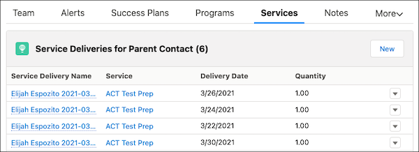 The Services tab on a student record Case page