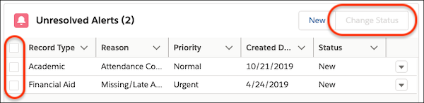 The Unresolved Alerts related list with call-outs on the disabled Change Status button and the row selectors
