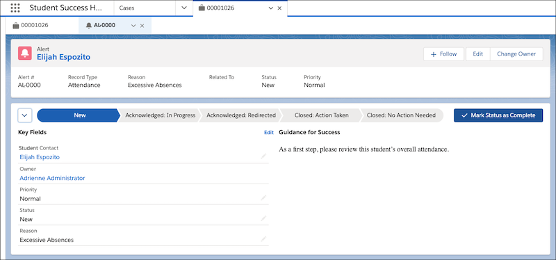 The K-12 Support Alert Lightning record page