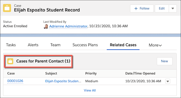 The Student Record Case with a call-out on the Cases for Parent Contact related list