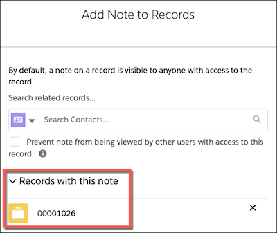The Add to Records window with a callout on the Records with this note section