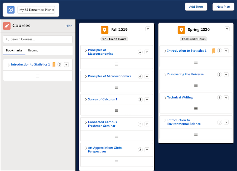The SSH Program Plan Builder component showing Courses for Fall 2019 and Spring 2020