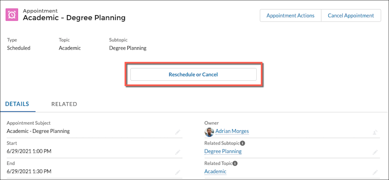 The SSH Appointment Action Menu component with a callout on the Reschedule or Cancel button