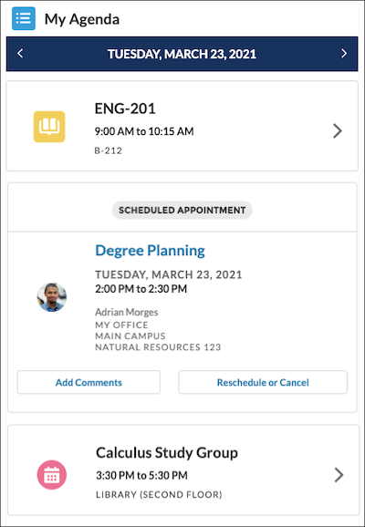 The SSH Launchpad Agenda component showing ENG-201, a scheduled appointment, and a Calculus study group